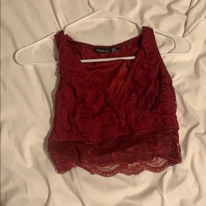 Lace deep V maroon red crop top